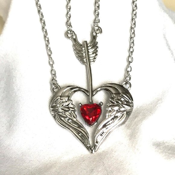 Red Heart CZ Arrow Through Heart Pendant Multilayer Clavicle Chain - Picture 3 of 3